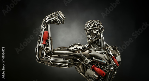 Powerful Metal Sculputure of a Bodybuilder Made from Tools photo