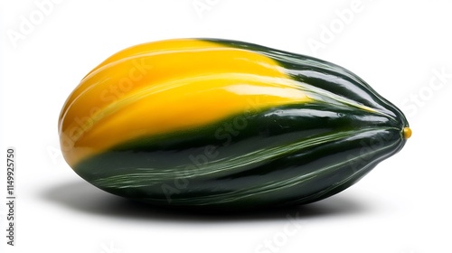 Striking bicolor Acorn Squash: A vibrant yellow and dark green gourd, showcasing its unique marbling and ribbed texture against a clean white background. photo