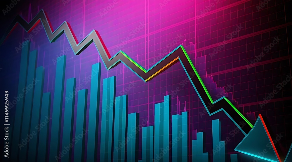 A large red arrow points downwards over a gridded financial chart showing a sharp decline in value, with the bars of the chart going from high to low. A large red arrow points downwards over a gridded financial chart showing a sharp decline in value, with the bars of the chart going from high to low.