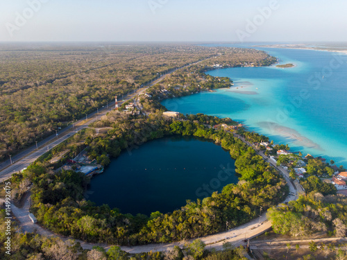 Obraz na płótnie Aerial Drone Shot of Beautiful Cenote Azul and view on 7 seven colors lagoon in Bacalar, Quintana Roo, Mexico w salonie
