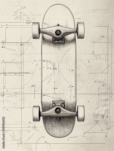Vintage Skateboard Blueprint with Technical Sketch Details