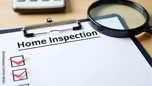 A home inspection checklist clipped to a clipboard, resting on a kitchen counter in a house for sale