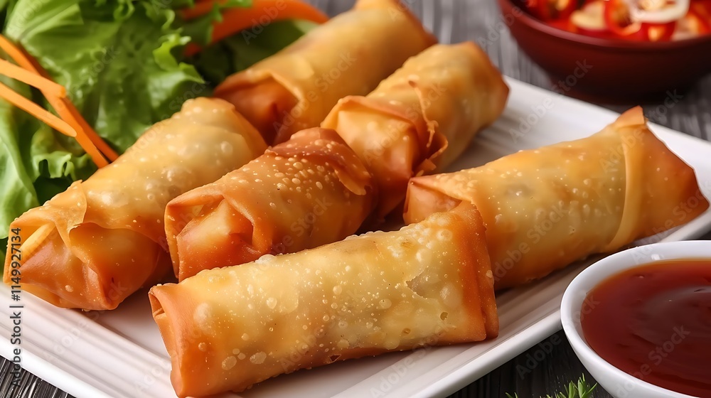 Delicious chicken spring rolls served with gravy on a platter Delicious chicken spring rolls served with gravy on a platter