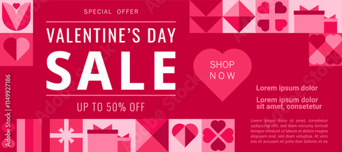 Template design horizontal banner for Valentine's day sale offer. Geometric background with hearts and gifts for happy holiday sale. Romantic promotion card and flyer. Vector.