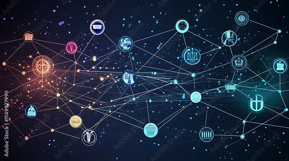Abstract network graphic showing interconnected icons and nodes. Abstract network graphic showing interconnected icons and nodes.