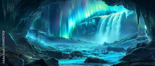 A magical waterfall in a cave-like setting with a colorful sky, suggesting a blend of natural and mystical elements in a digitally created image. photo