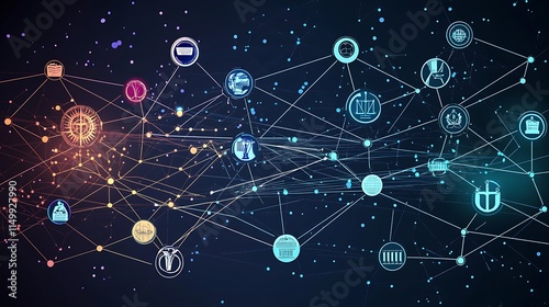 Abstract network graphic showing interconnected icons and nodes.