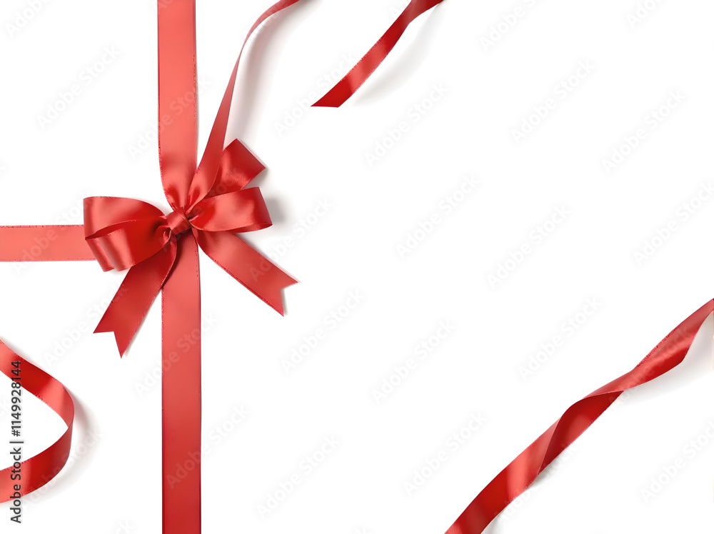 Red glossy satin gift ribbon and bow on white background. Ideal for celebration themes, promotional graphics with vibrant contrast, for black friday, for banners and more. Top view. Place for text. Red glossy satin gift ribbon and bow on white background. Ideal for celebration themes, promotional graphics with vibrant contrast, for black friday, for banners and more. Top view. Place for text.