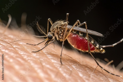 Close-up of Mosquito Biting Human Skin - Low Light Macro Photography photo