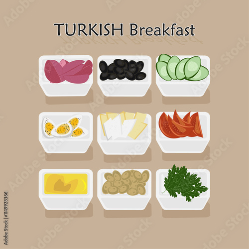 Turkish breakfast. Turkish cuisine. Turkish food. Turkiye. Food. National dish (vegetables, olives, honey, bread, cheese, sausage, eggs). Turkish breakfast in plates.