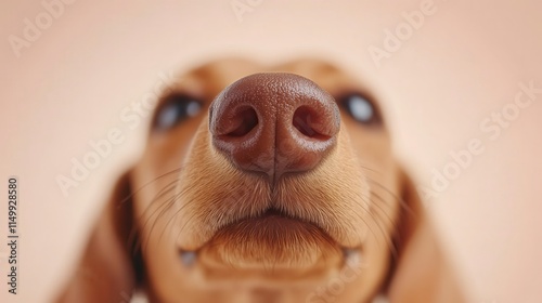 A close-up of a dog's face, highlighting its inquisitive expression, large nose, and soulful eyes against a soft, neutral background.