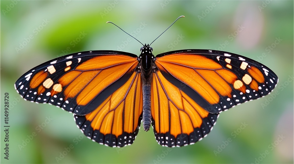 A vibrant orange and black butterfly with spread wings, resting against a lush green backdrop, showcasing nature's beauty. A vibrant orange and black butterfly with spread wings, resting against a lush green backdrop, showcasing nature's beauty.