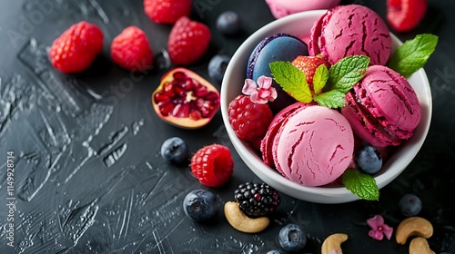 Delicious summertime handcrafted frozen yogurt with cacao cashew nuts macaroons and juicy fruits photo