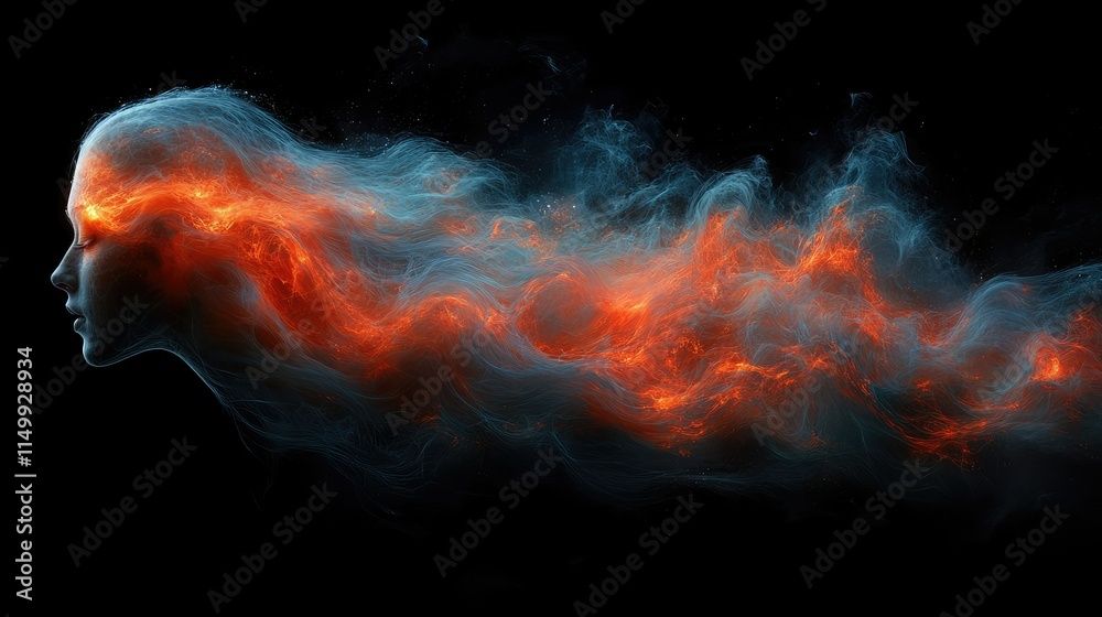 Fototapeta premium Abstract fiery head profile, smoke, energy, transformation.