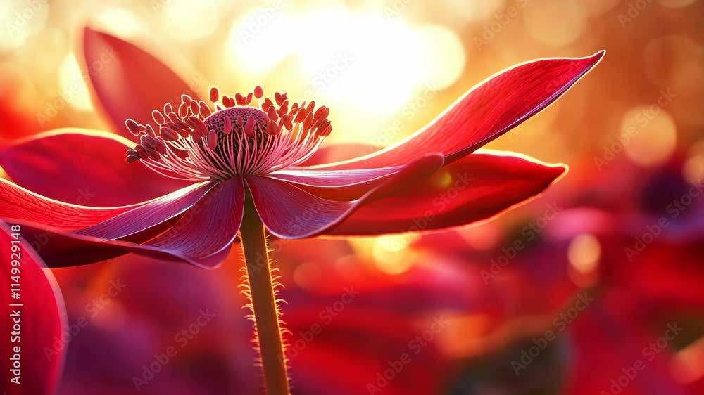Colorful red flower blooms in a sunlit garden at sunset highlighting natural beauty and tranquility
