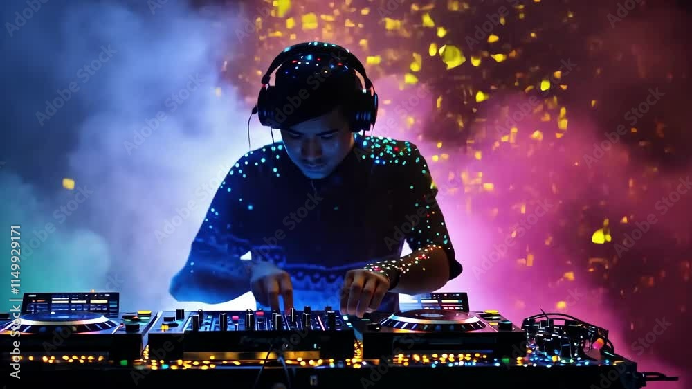 Concentrated male DJ mixing at a turntable surrounded by exuberant pink confetti and party atmosphere
