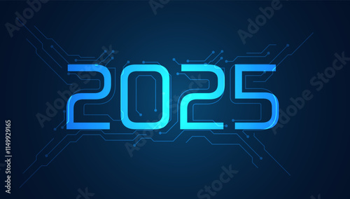 2025 with Blue circuit board background with neon light text and symbols illustration for new technology concept design