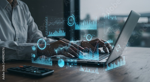 Data Analyst Working on Laptop Financial Charts Business Analytics Digital Marketing Graph