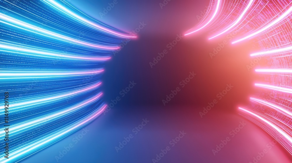 Fototapeta premium Wide angle futuristic background neon light lines in digital art