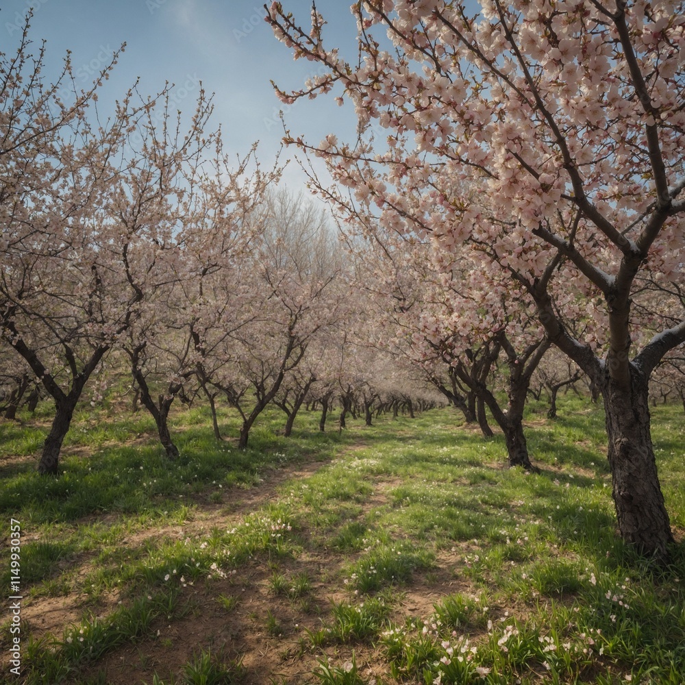 A spring orchard with soft pink blossoms falling like snow, tiny fruits forming underneath.
A spring orchard with soft pink blossoms falling like snow, tiny fruits forming underneath.