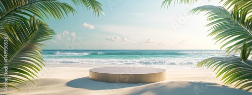 Tropical beach scene with empty wooden podium.