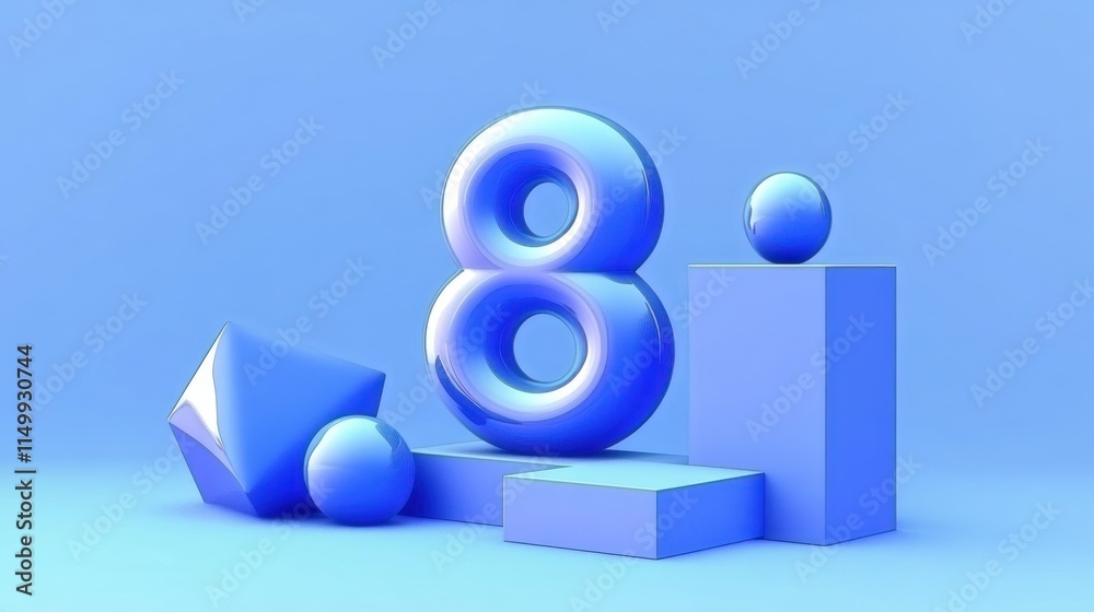 Shiny blue 8 on pastel blue background with geometric shapes. Shiny blue 8 on pastel blue background with geometric shapes.