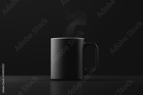 Minimalist black-and-white shot of a coffee mug with rising steam, centered on a dark matte surface.
