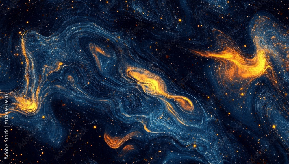 Abstract cosmic swirls of blue, orange, and gold paint with glittering stars. Abstract cosmic swirls of blue, orange, and gold paint with glittering stars.