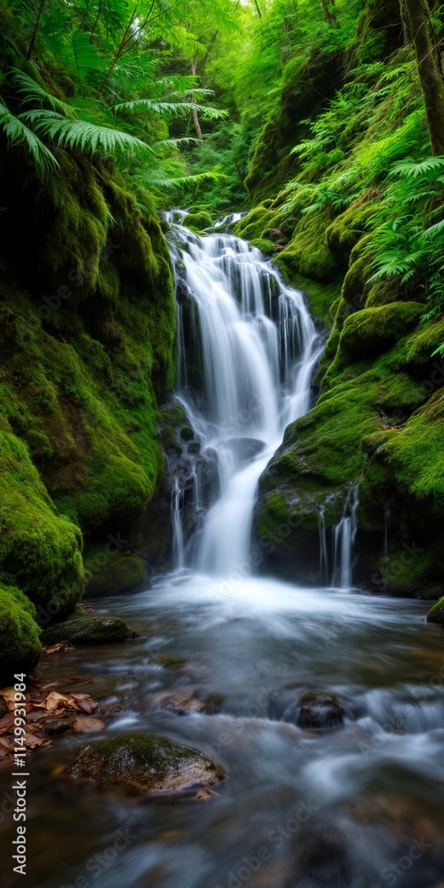 A lush, green forest with a cascading waterfall flowing over mossy rocks into a stream below. The water appears to be moving swiftly.Vertical wallpaper A lush, green forest with a cascading waterfall flowing over mossy rocks into a stream below. The water appears to be moving swiftly.Vertical wallpaper
