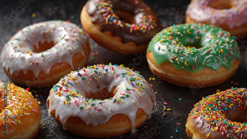 Donuts, Delicious Donuts with Icing sugar and colorful sprinkles, perfect for sweet snack or Breakfast, Dessert colorful snack, Sweet Donuts on Donuts Background photo