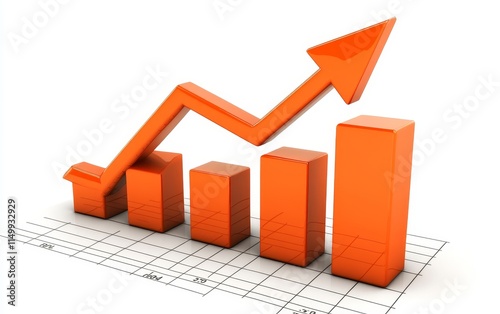 3D orange bar graph showing upward trend, growth, and success.