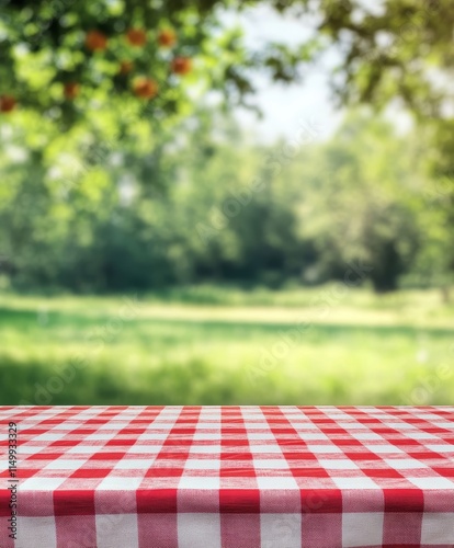 Red checkered picnic tablecloth on blurred park background.