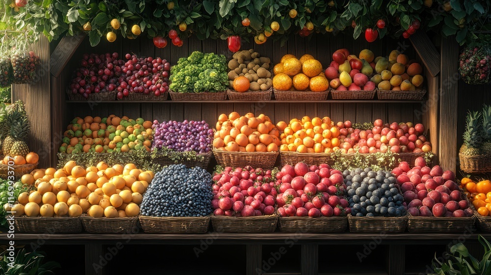 Obraz premium Wooden fruit stand overflowing with colorful, ripe produce.
