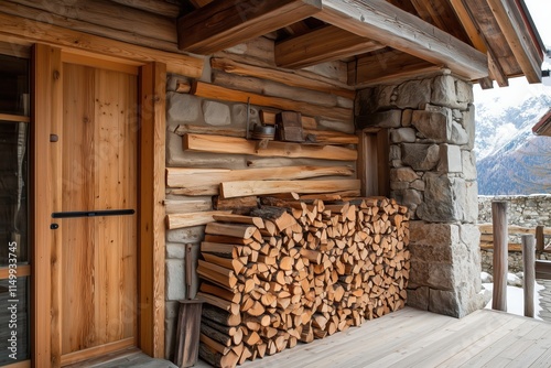 Sturdy timber cabin complemented by neatly cut and stacked firewood