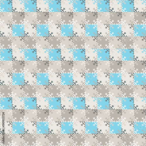 Playful checked Christmas seamless vector texture with snowflakes. Elegant pattern for wrapping paper, textile and paper prints, greeting cards and gift boxes.