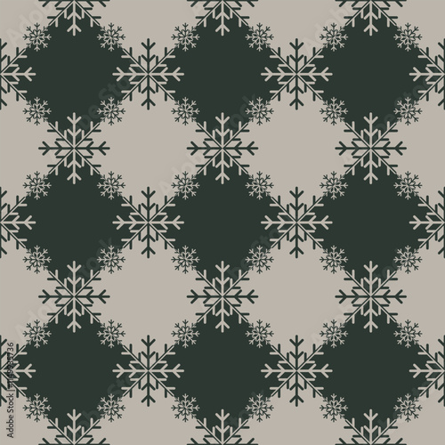 2 tone Christmas snowflake texture on geometric rhombus background. Elegant seamless vector pattern for wrapping paper, textile and paper prints, greeting cards and gift boxes.