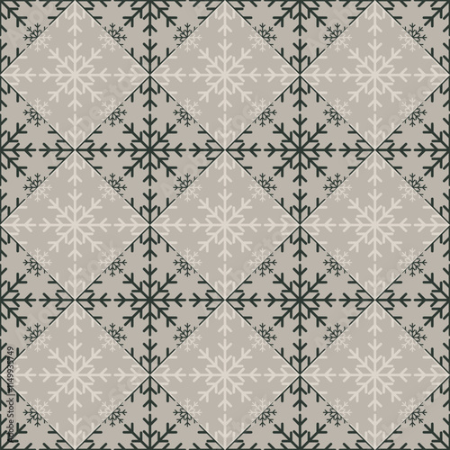 Abstract Christmas snowflake texture on light brown background. Elegant seamless vector pattern for wrapping paper, textile and paper prints, greeting cards and gift boxes.
