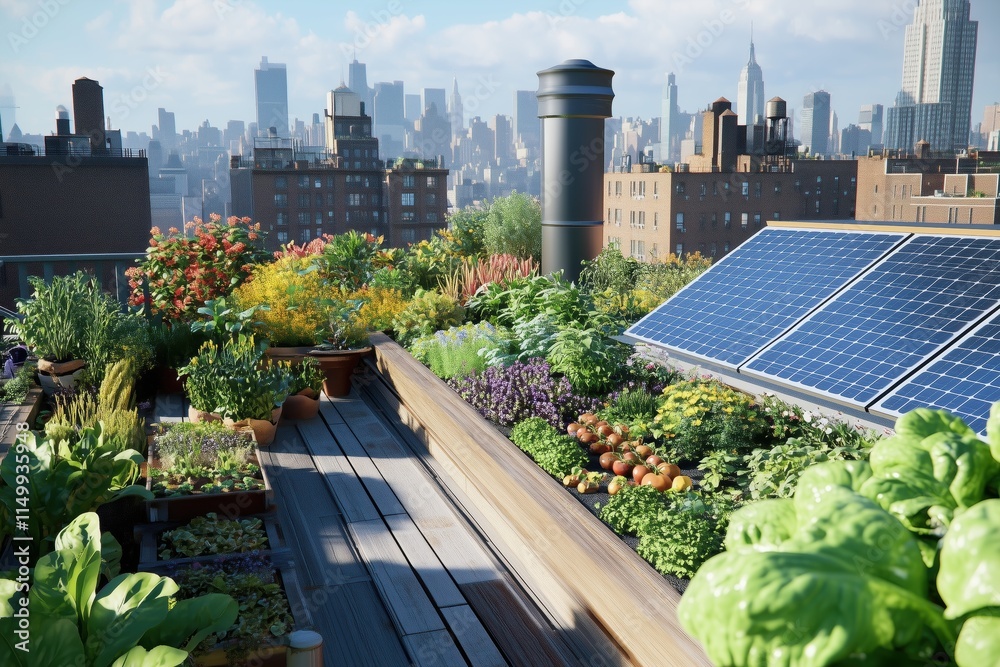 Fototapeta premium Energetic cityscape enhanced by rooftop agriculture and clean solar power