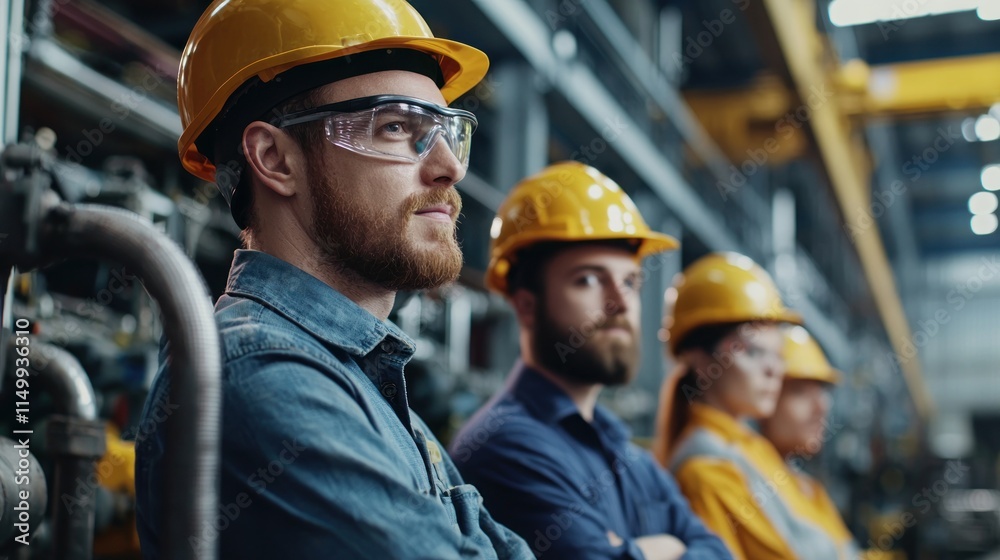 A diverse team of workers in a factory, with machinery and production lines operating efficiently, highlighting industrial growth and productivity.