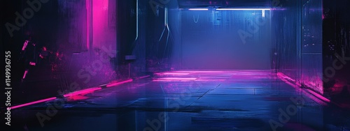 Neon-lit alleyway with pink and blue lights reflecting on wet floor.