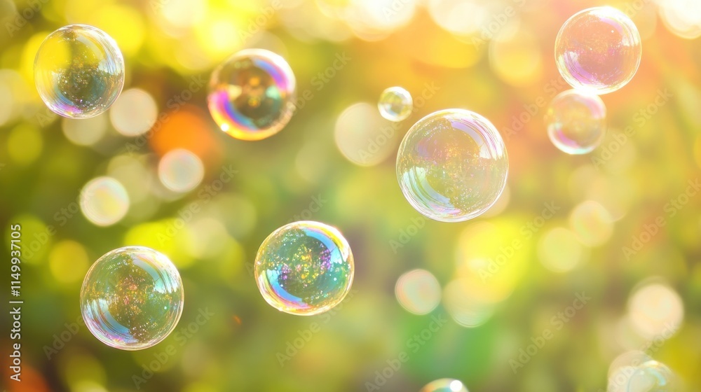 Naklejka premium Colorful soap bubbles floating in the air with a blurred green background.