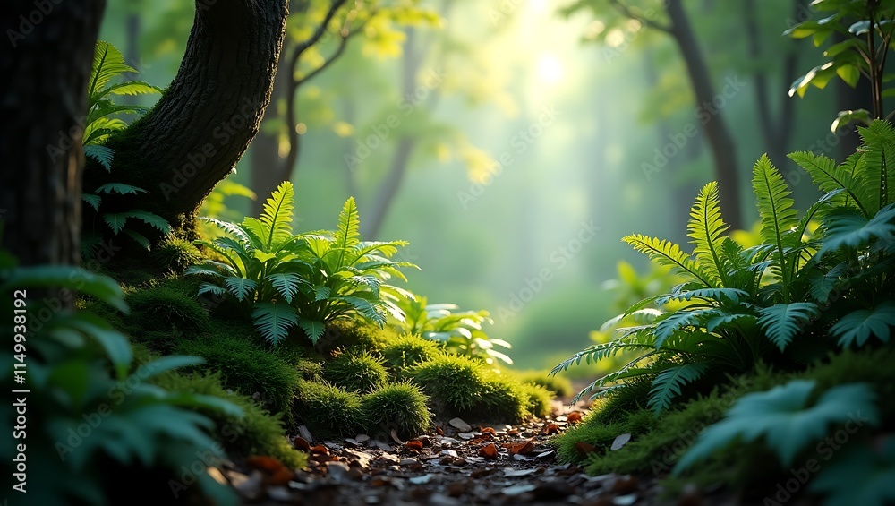 Fototapeta premium Sunlight filters through trees onto a lush forest path, illuminating ferns and wildflowers. Suitable for nature websites, blogs, and environmental graphics