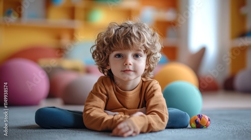 Cute toddler boy sitting on floor in colorful playroom.