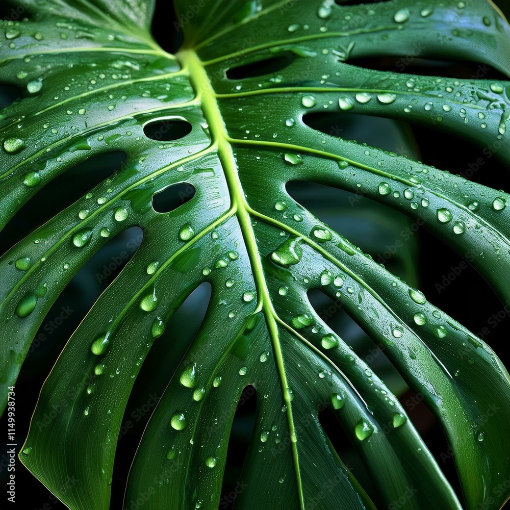 Fototapeta premium Generated image Closeup of tropical Monstera plant leaf with water drops