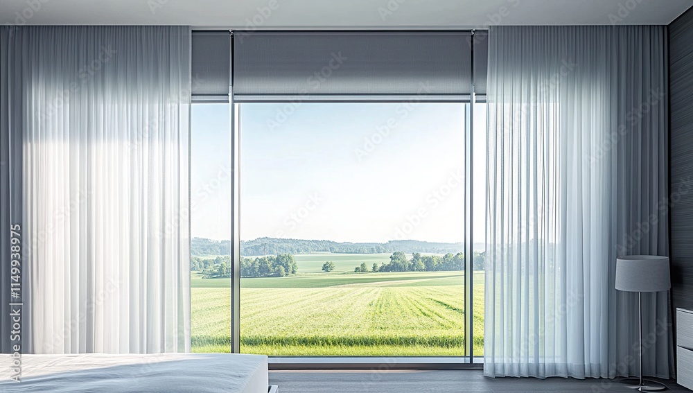 Fototapeta premium Serene Bedroom View: Modern Curtains Frame Picturesque Rolling Fields and Lush Green Landscape