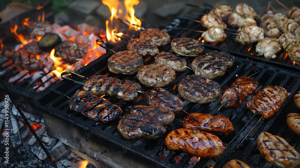 Hamburgers and chicken are grilled over an open fire Hamburgers and chicken are grilled over an open fire