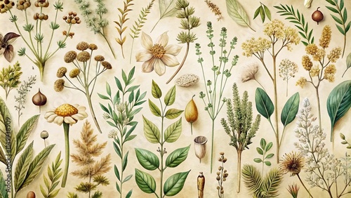 Botanical Illustration A Collection of Exquisitely Rendered Flora Featuring Diverse Plant Species and Delicate Details