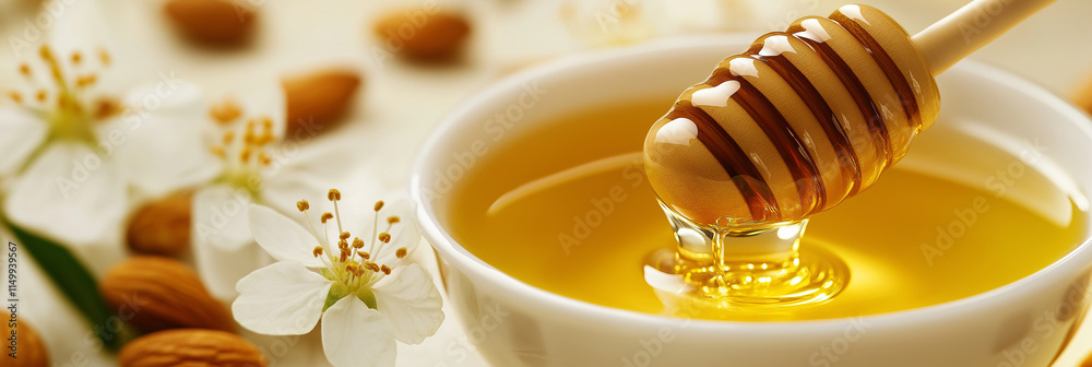 Honey flowing from a spoon into a bowl, surrounded by almonds, walnuts, and apple blossoms, set against a taupe-to-yellow background, perfect for text. Bright lighting highlights the golden tones. Honey flowing from a spoon into a bowl, surrounded by almonds, walnuts, and apple blossoms, set against a taupe-to-yellow background, perfect for text. Bright lighting highlights the golden tones.