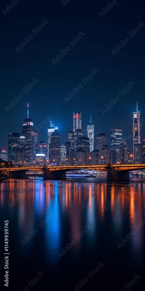 Fototapeta premium An 8K vertical wallpaper capturing the vibrant energy of a bustling city skyline at night, illuminated by dazzling lights and reflections 