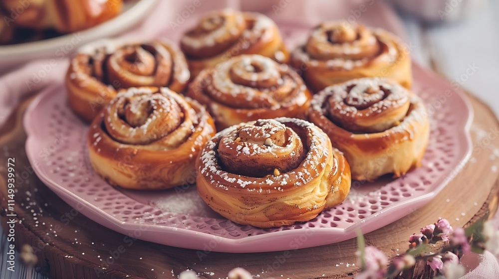 Handmade cinnamon buns on an oak display arranged on a pink dish Handmade cinnamon buns on an oak display arranged on a pink dish